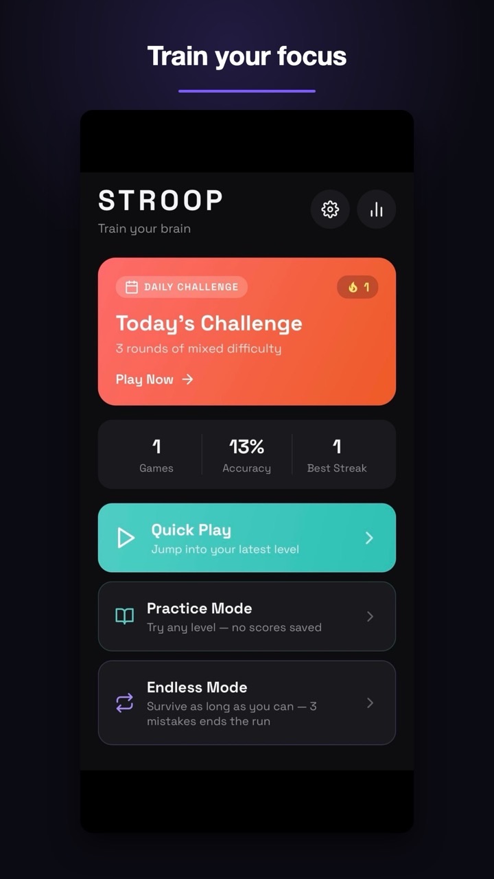Cognitive Challenge — daily brain-training challenge screen