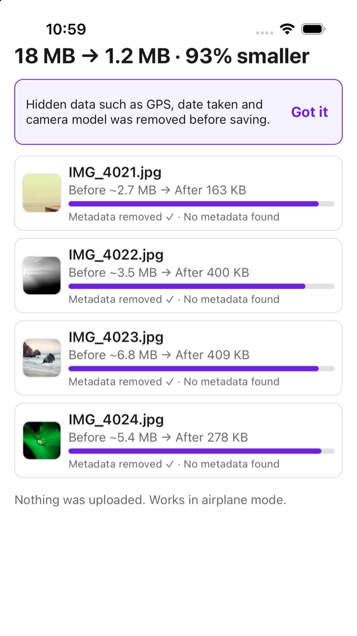 Image Shrinker — photo compression results screen